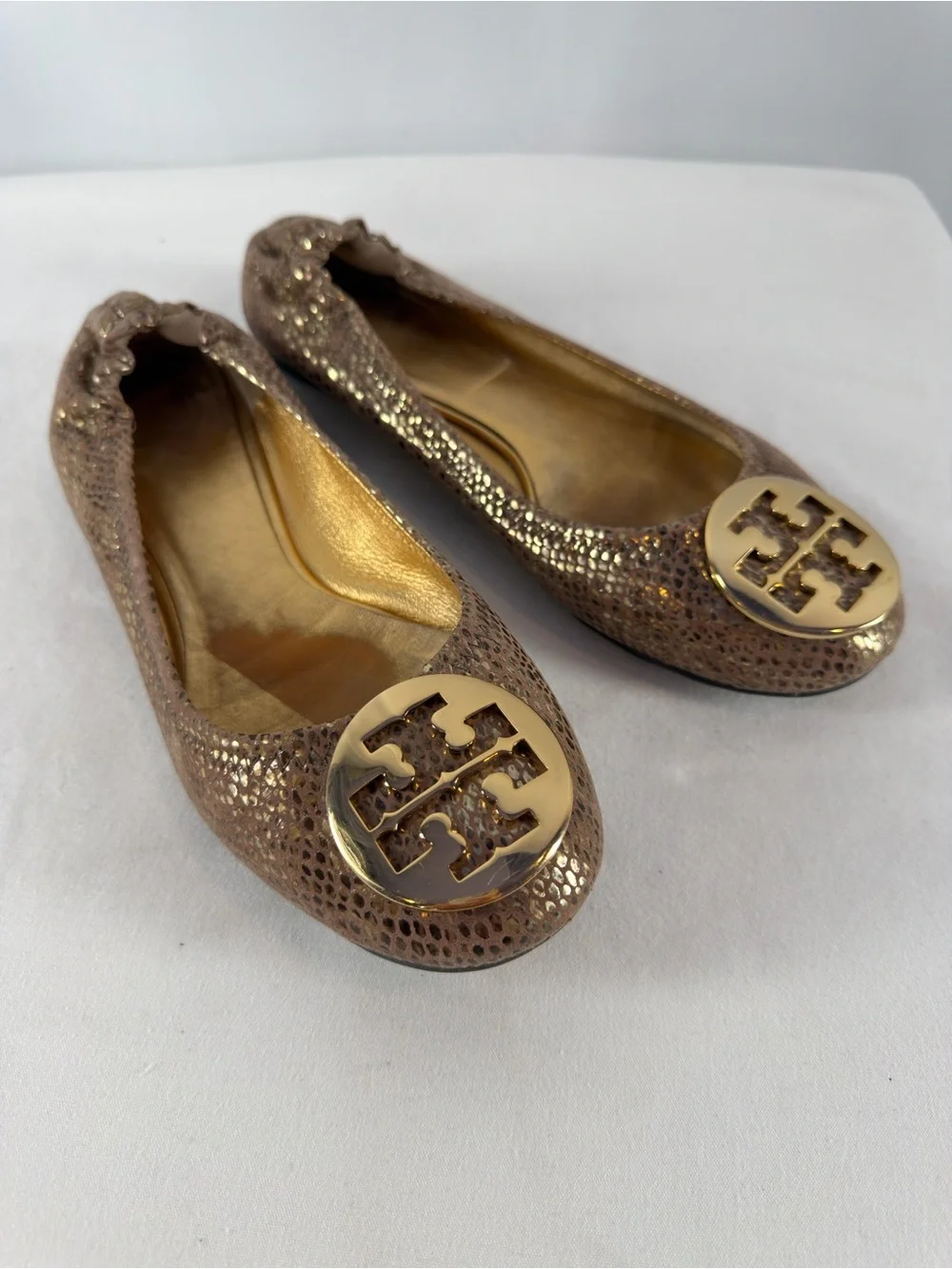 Tory Burch Snake Embossed Large Metal Logo Ballet Flat in Light Brown Gold 8.5